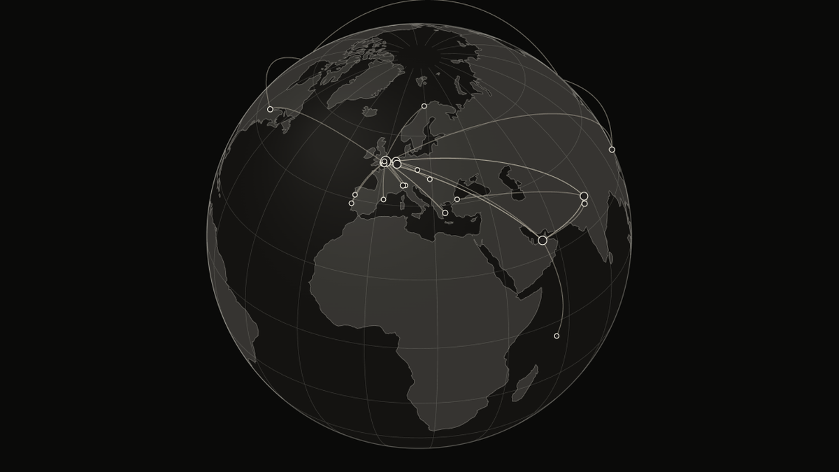 Interactive globe with flight paths traced between airports